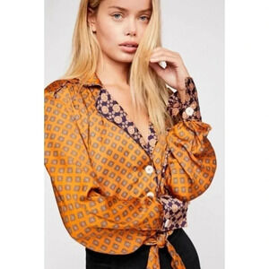 Free People Awake at Dawn Cropped Long Sleeve Top Size Small